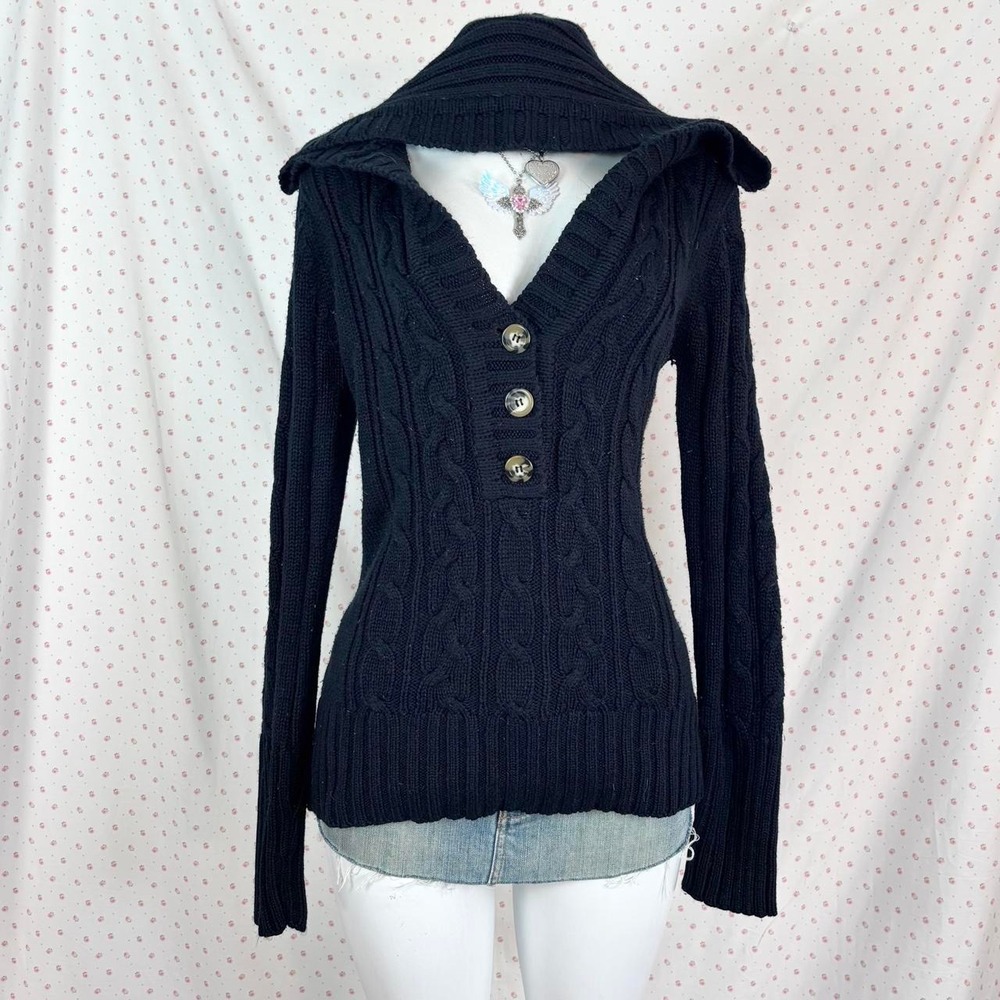 y2k black cable knit hooded sweater fitted vintage pullover